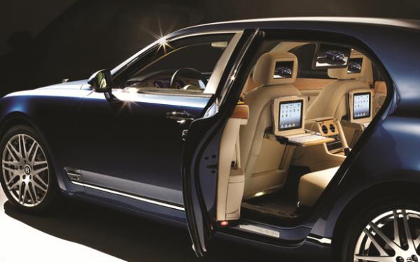 ViaSat is providing the VPN connectivity system for Bentley’s cars such as the Mulsanne Executive shown which also includes two iPads with keyboards.
